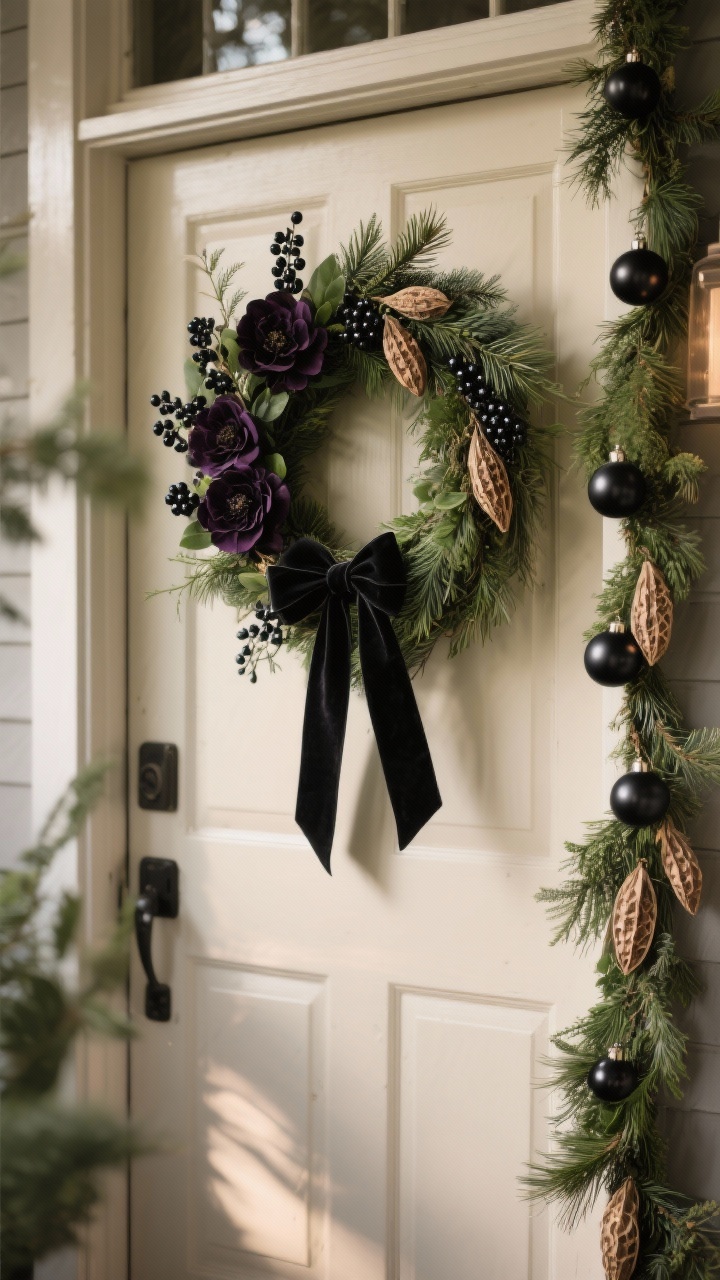 Photorealistic medium shot of a front door and surrounding greenery: a cedar or pine wreath wrapped with black velvet ribbon on a light-colored door for high contrast; faux black berries, dried seed pods, and dark plum florals tucked into the greenery; matte black mini ornaments dotted along a garland nearby; soft, warm light for a moody yet fresh feel; no people