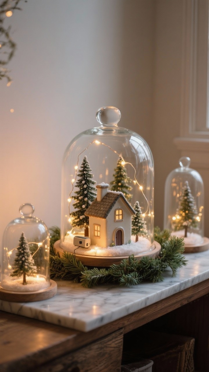 Photorealistic medium shot of a glass cloche storybook scene: a small winter arrangement beneath a glass cloche featuring miniature trees, a ceramic house, and warm battery micro fairy lights with hidden wire switches; two additional cloches of varying heights sit nearby for balance; the trio is grounded on a wood or marble board with a low greenery garland circling the base; warm, magical evening light; captured from a gentle corner angle.
