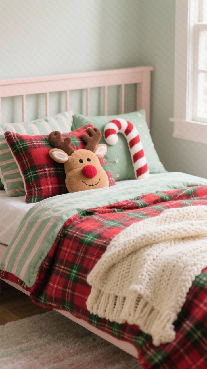 Photorealistic medium shot of a kids’ bed styled for Christmas: holiday duvet in classic red and green plaid, flannel sheet set peeking at the cuff, and two playful throw pillows—one with a reindeer nose applique, one shaped like a candy cane—plus a chunky knit cream throw layered at the foot of the bed; soft morning light, washable textiles (flannel and microfiber) visible in texture, calm cozy vibe with sage and blush accents subtly in a striped blanket; straight-on angle focusing on layered bedding and textures, no people.