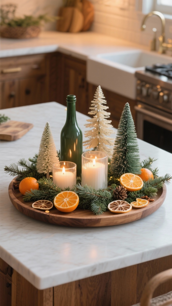 Photorealistic medium shot of a kitchen island centerpiece: a low round wooden tray as base, layered with faux cedar garland, assorted bottle brush trees in muted greens and creams, flickering LED candles in frosted glass, and scattered dried citrus slices plus whole clementines for pop and scent. Eye-level composition, plenty of negative space to keep chopping area usable. Accents in warm wood and subtle metallics; soft evening glow for cozy ambiance.