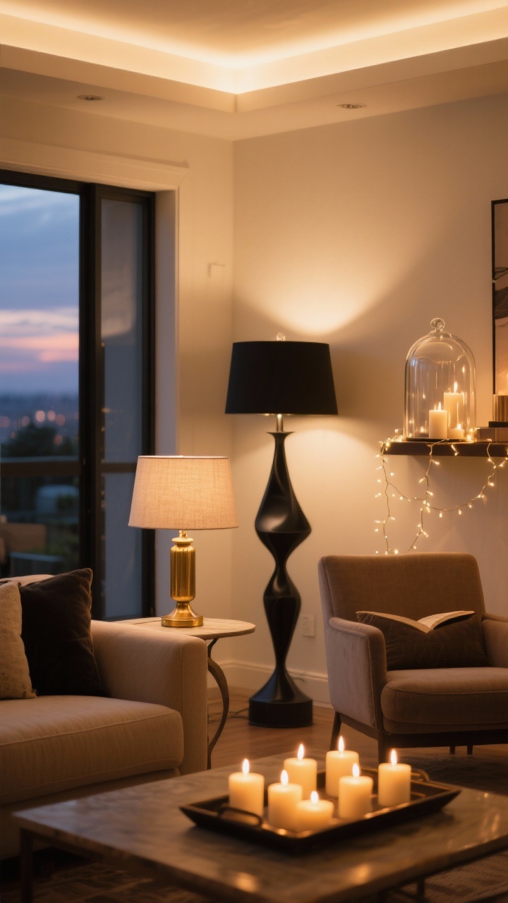 Photorealistic medium shot of a living room lighting vignette at dusk: warm white 2700K LEDs throughout; layered lighting includes a brass table lamp by the sofa with linen shade, a sculptural black floor lamp behind an armchair forming a cozy reading corner, delicate string lights draped inside a glass cloche on a shelf, and a tray grouping of flameless pillar candles creating a gentle flicker; use visible dim glow with no harsh overheads; overall warm amber tone, inviting and glare-free.