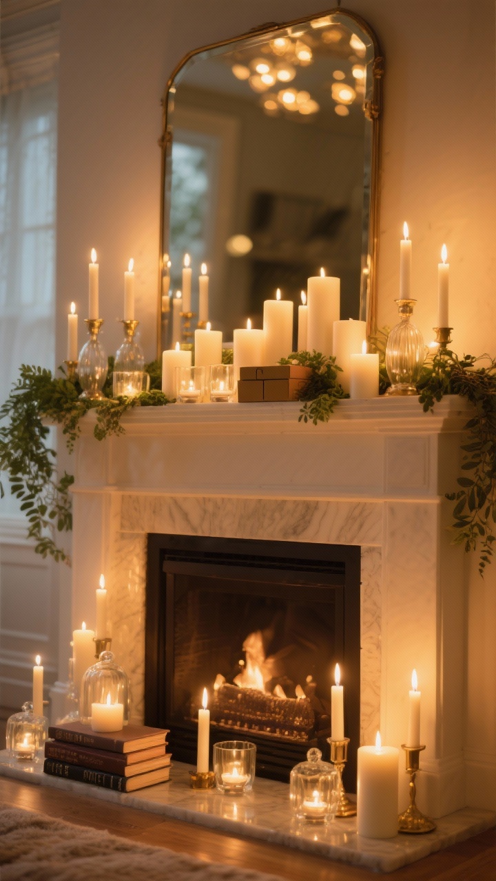 Photorealistic medium shot of a mantel set aglow with candlelight: staggered taper candles, pillar candles, and tea lights layered at different heights using discreet risers (books and small boxes) partly hidden under greenery. Include a mirror above the mantel reflecting the flicker to amplify glow. Candles are warm white (2200–2700K); mix real flames and LED tapers for safety. Glass hurricanes around some candles, foliage kept a few inches away. Cozy golden ambience, gentle bokeh reflections, no people.