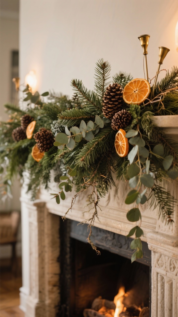 Photorealistic medium shot of a mantel styled with a lush, old-world garland base: layered cedar, fir, and eucalyptus with wispy, trailing pieces spilling over the edges; doubled garlands for extra fullness with one draped slightly off-center; antique brass picks tucked in alongside pinecones and dried orange slice sprigs; secured with subtle floral wire; warm, cozy ambient lighting from a nearby fireplace, no people, nostalgic mood