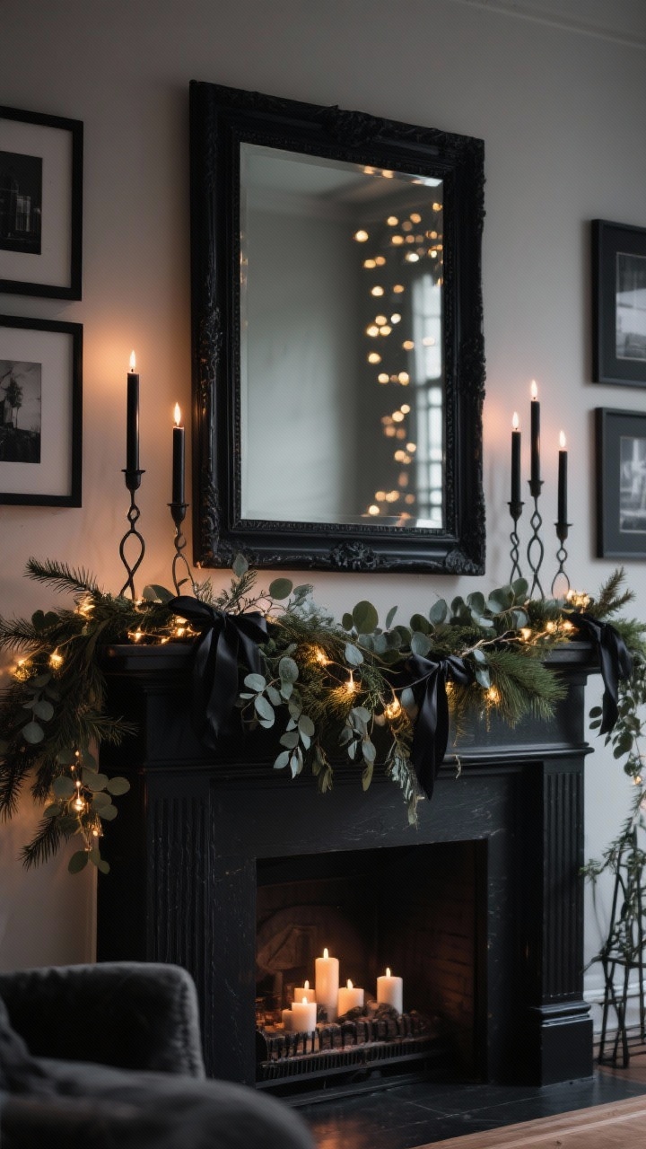Photorealistic medium shot of a moody holiday mantel: eucalyptus and cedar garland anchored with black garland ties, layered with warm fairy lights for a candlelit-library-at-midnight vibe; mixed-height iron candlesticks with tall black taper candles (flameless look); a large black-framed mirror above the mantel doubling the sparkle; matte black photo frames and minimal dark accents; soft, warm lighting with gentle reflections; no people