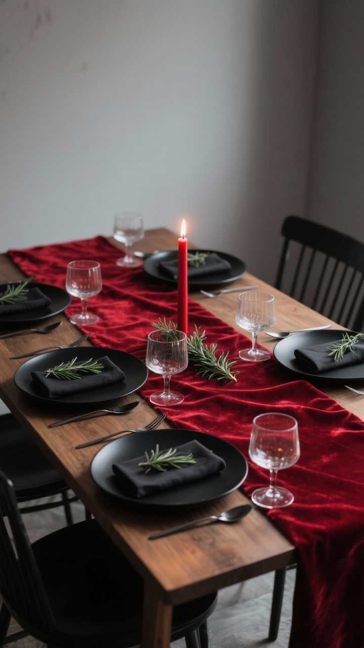 Photorealistic medium shot of a moody, luxe minimalist Christmas tablescape: a narrow red velvet runner on a natural wood table, matte black plates and matte black cutlery, clear glassware to lighten the scene, a single crimson taper candle at each place, and neatly folded rectangular napkins with a sprig of rosemary tucked in; soft, low candlelight with gentle shadows, clean lines, no glitter, dramatic contrast between velvet richness and matte finishes, no people