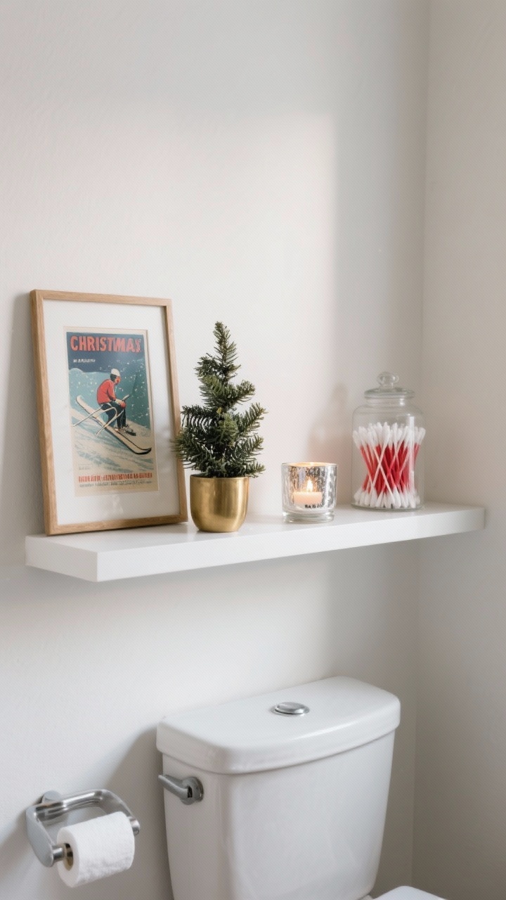 Photorealistic medium shot of a narrow floating shelf above a toilet, styled as a holiday capsule: left side anchored by a small framed vintage ski poster, next to a tiny potted faux spruce in a brass vessel; right side features a mercury glass votive with an LED tea light and an apothecary jar filled with red-and-white cotton swabs. Balanced composition using the one-third rule, limited to four items, matte white wall backdrop, soft diffuse lighting from the side.