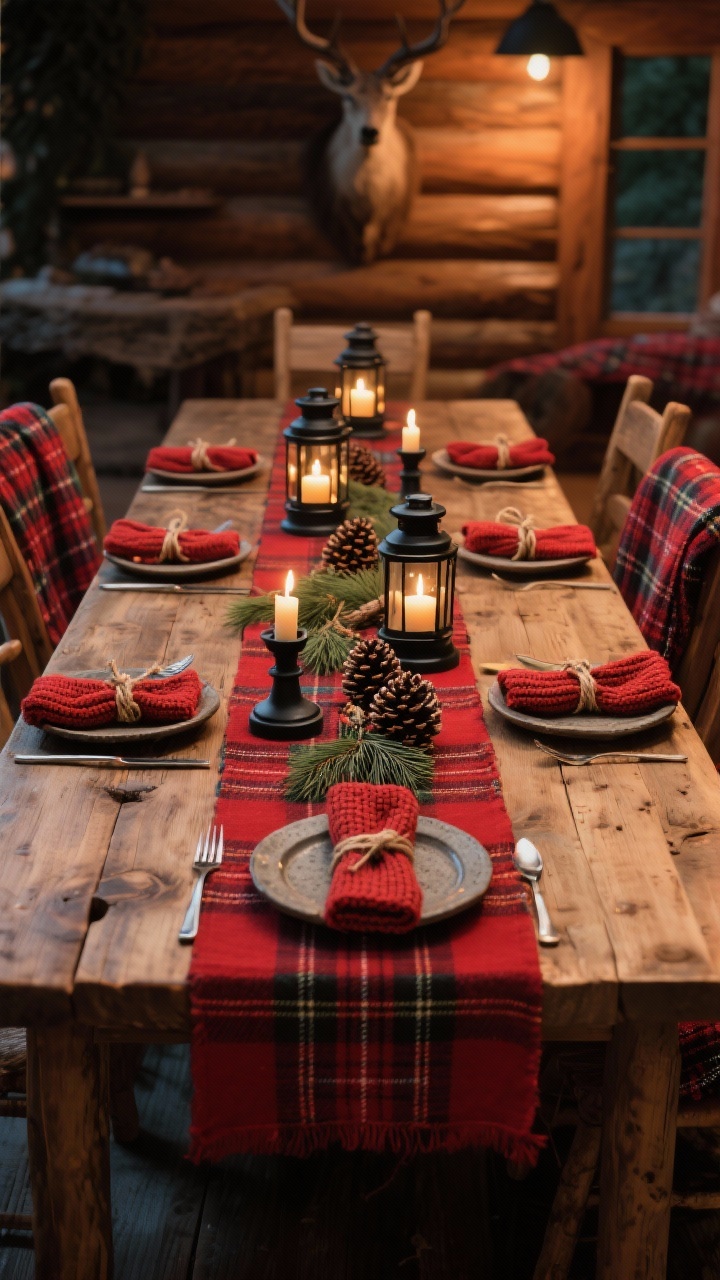 Photorealistic medium shot of a rustic red plaid cabin-inspired table: red tartan runner on a raw wood table, stoneware plates, black iron candleholders with low candles or lanterns for cozy light, chunky knit napkin rings or twine-tied napkins, a natural runner effect with pinecones and cedar down the center, and mini plaid blankets draped over chair backs; warm, lodge-like evening ambiance, no taxidermy, no people