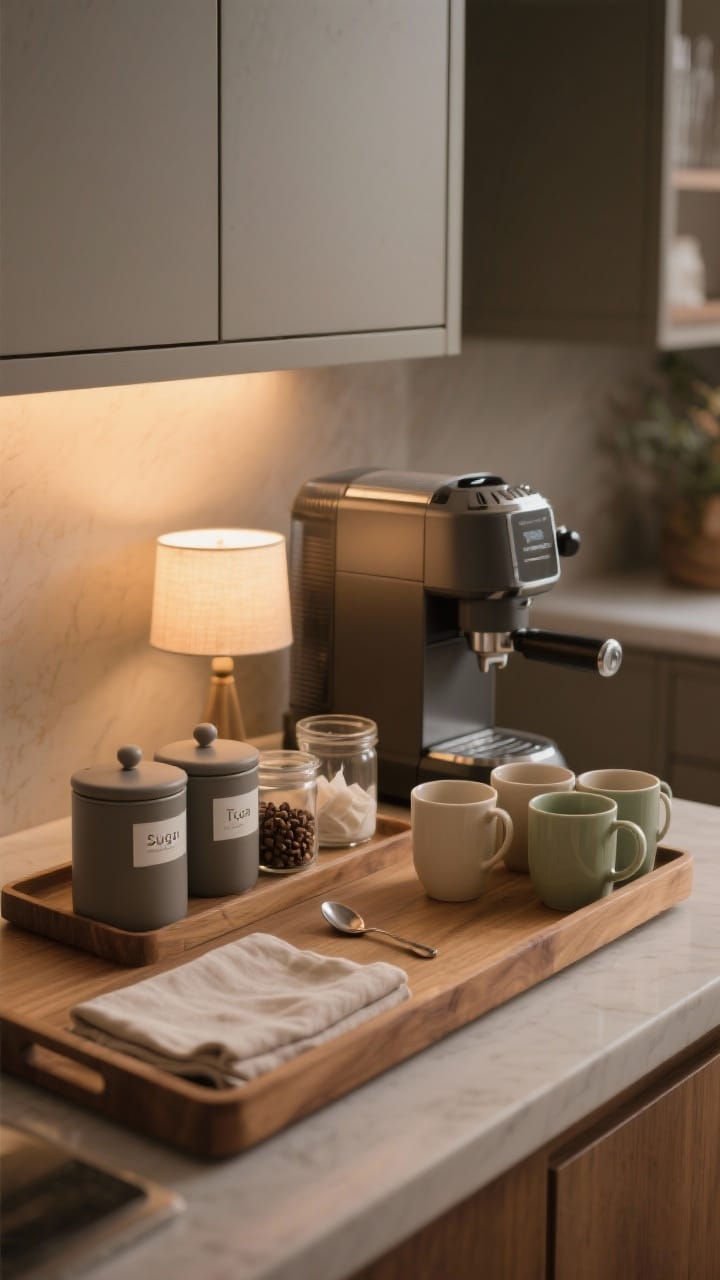 Photorealistic medium shot of a serene coffee and tea station: a wooden tray defining the zone with a matte espresso machine beside it, tasteful matte canisters labeled for beans, tea bags, and sugar (no clear glass), a small spoon rest, a neatly folded linen napkin, and a coordinated seasonal mug set of four in muted oatmeal and sage; add a petite table lamp for ritual-like glow; background subtly blurred cabinetry, warm evening lighting, three-quarter angle.