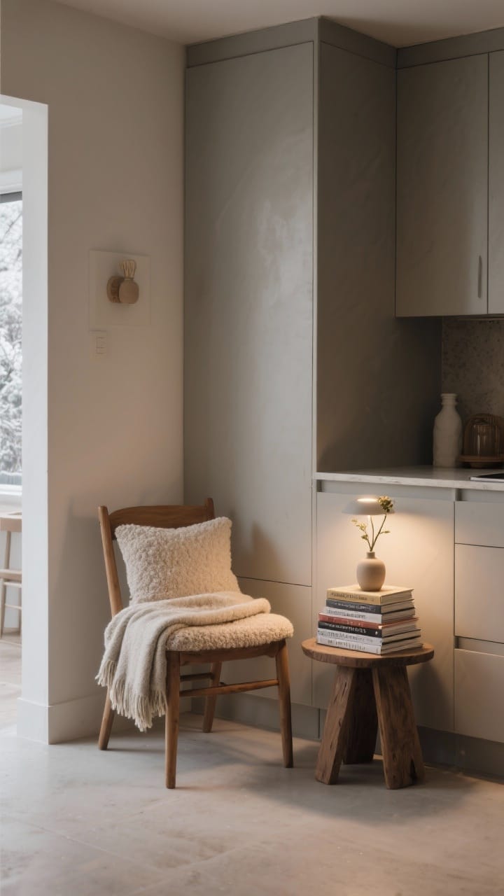 Photorealistic medium shot of a slow-living kitchen corner: a small wooden chair with a soft boucle cushion and a folded wool-blend throw, a low side table or stool holding a tidy stack of cookbooks and a single bud vase, and an ambient lamp casting a gentle evening glow; muted neutral palette with oatmeal, taupe, and soft charcoal; corner angle composition inviting a pause, no clutter, serene winter mood.