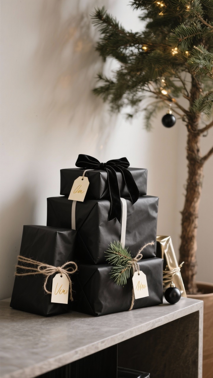 Photorealistic medium shot of a stack of minimalist black-wrapped gifts under a tree and on a console: matte black or black kraft paper, ribbons in velvet/grosgrain/twine in black, ivory, and metallics; simple cream or gold tags with handwritten names; each package accented with a cedar sprig or tiny black bauble; clean, editorial styling with warm ambient light; no people