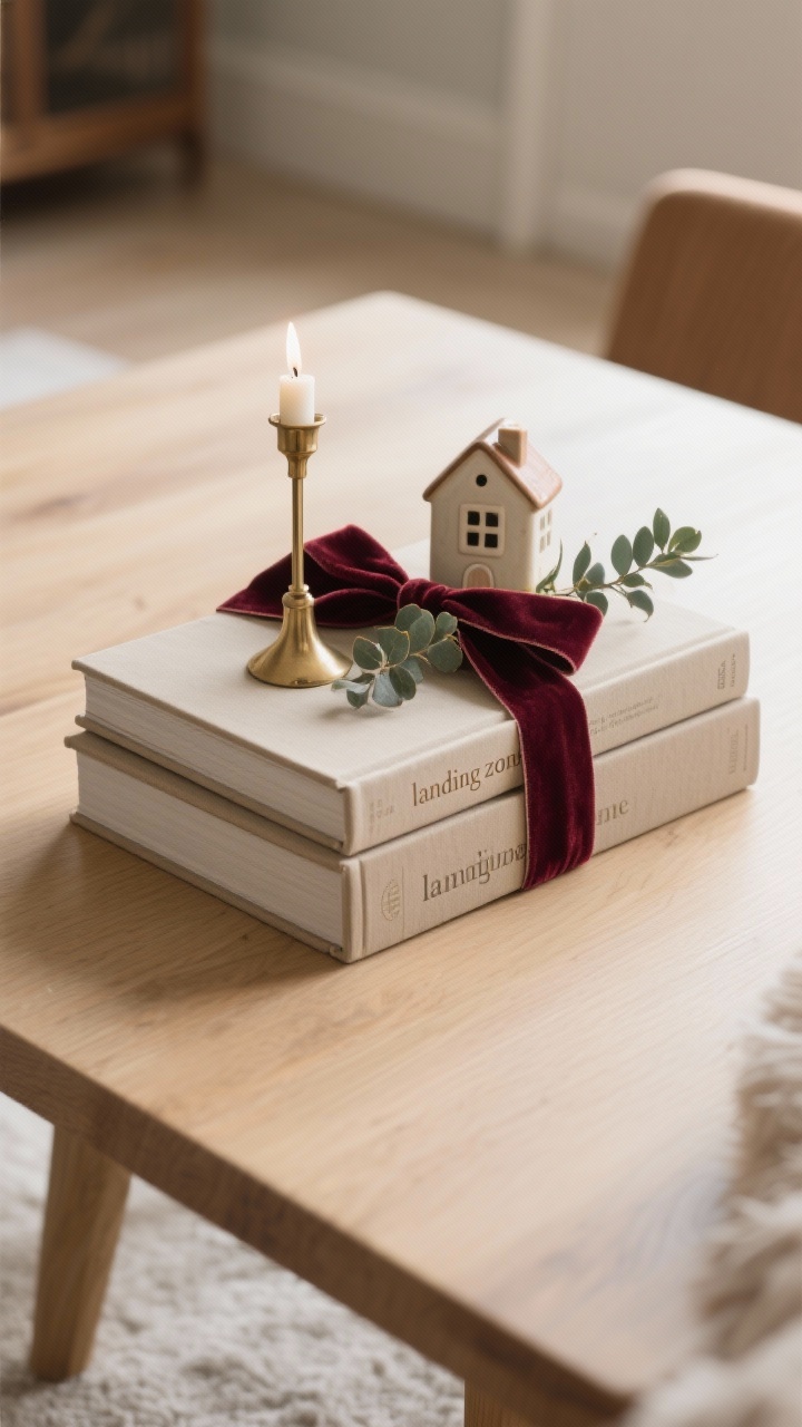 Photorealistic medium shot of a stacked book vignette: two large neutral-spine coffee table books aligned on a light oak table, wrapped loosely with deep burgundy velvet ribbon; topped with a small ceramic house and a brass candle snuffer; a sprig of eucalyptus tucked under the ribbon for scent and color; complementary tones to a holiday palette; side angle with shallow depth of field, morning light, and clear “landing zone” space beside the stack.