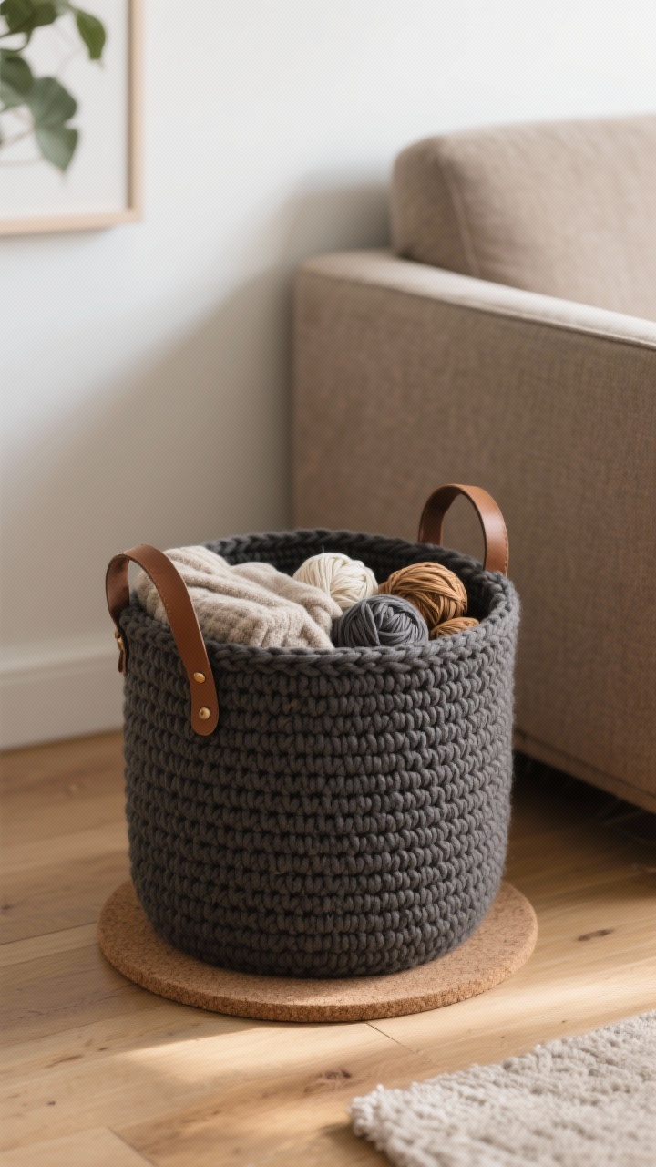 Photorealistic medium shot of a sturdy crochet storage basket on a hardwood floor next to a sofa: made with t-shirt yarn or double-stranded bulky yarn in charcoal or camel; firm single-crochet circular base with a hidden round cork mat for stability; walls in waistcoat or single crochet in the round; oval cutout handles and optional leather straps; basket holding folded throws and yarn skeins; soft afternoon light, no people