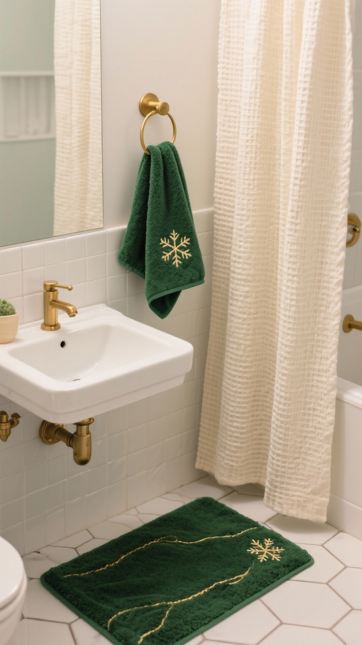 Photorealistic medium shot of a tiny modern bathroom sink area styled with festive textiles: deep green hand towels with subtle snowflake embroidery hanging on a brass hook, a plush solid forest-green bath mat on white hex tile, and a neutral textured shower curtain in ivory linen waffle weave. Two-color palette of green and cream with brass accents; towels’ embroidery includes a thin brass-toned thread to match hardware. Soft warm bathroom lighting, straight-on perspective, cozy but uncluttered, no cartoon motifs.