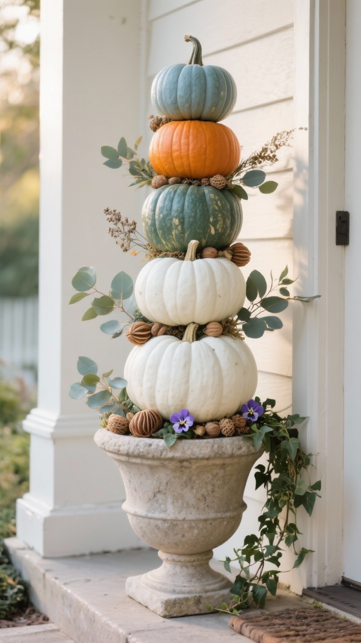 Photorealistic medium shot of a vertical pumpkin-and-planter stack on a porch: a sturdy wide-base stone planter as the base, an inverted pot inside to raise the first pumpkin, layered Cinderella, Jarrahdale (blue-green), and ghost white pumpkins in varying sizes; museum putty subtly visible between layers; gaps tucked with eucalyptus sprigs, dried seed pods, and tiny pansies; a small trailing ivy softening the edges; shot at a slight corner angle in soft afternoon light
