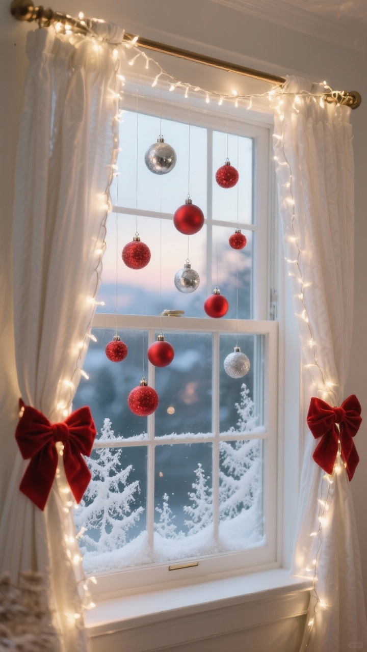 Photorealistic medium shot of a window dressed for the holidays: warm white fairy lights draped along the curtain rod creating a soft halo; red and silver ornaments suspended at varying heights by nearly invisible fishing line, catching natural light; red velvet bows tied at the ends of the rod and on curtain tiebacks; subtle frosted snow-spray stencil patterns on lower panes; airy composition with uncluttered sills and soft early evening glow from outside.