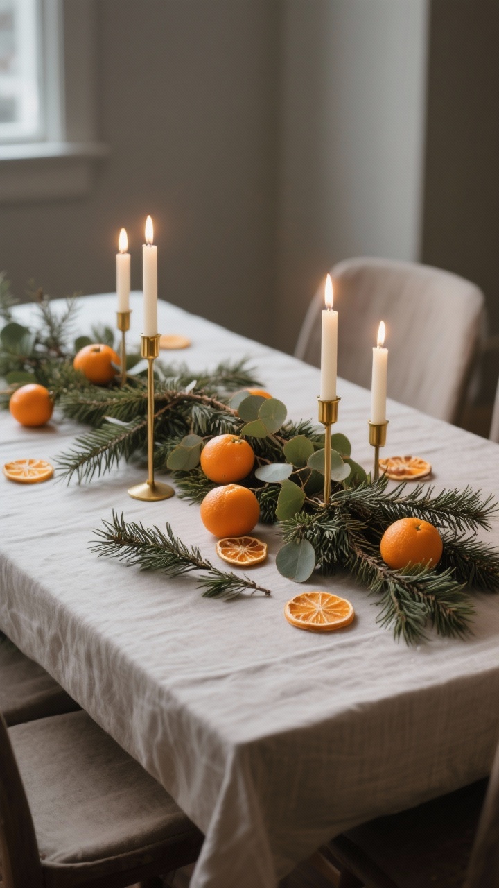 Photorealistic medium shot of a winter dining table styled with a low runner of fir, cedar, and eucalyptus down the center, tucked with whole clementines, dried orange slices, and sprigs of rosemary; slim gold and brass candleholders with ivory tapers provide warm candlelight glow; neutral linen tablecloth, muted background, shallow depth of field to highlight the evergreen + citrus textures and colors; cozy evening lighting, no people, straight-on angle.