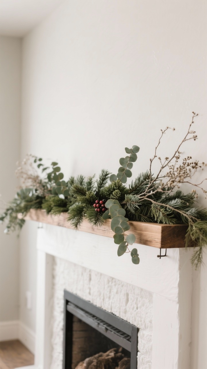Photorealistic medium shot of a winter mantel styled with layered greenery: a long, low garland of cedar and pine anchored across a white mantle, with a thinner trailing eucalyptus garland woven in for depth; include sprigs of dried eucalyptus, seeded branches, and a few winter berries for movement. Use discreet floral wire/command hooks subtly visible. Soft daylight, neutral wall, no holiday motifs, cozy lodge vibe. Textures: matte greenery, natural wood mantel, subtle plaster wall.