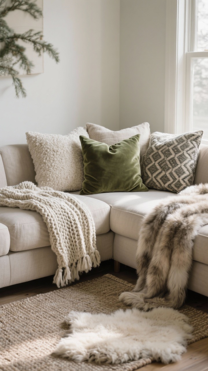 Photorealistic medium shot of a winter-ready living room sofa corner layered with textures: a chunky knit throw, a lightweight cashmere-style throw, and a faux fur throw draped over a neutral linen sofa; pillows in velvet, bouclé, linen, and a patterned wool accent, all in a tight neutral palette with one muted accent color (moss); a flatweave neutral rug with a fluffy sheepskin layered on top; soft natural afternoon light, no people, cozy depth without visual chaos.