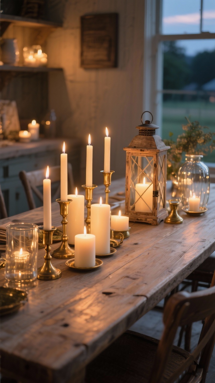 Photorealistic medium shot of ambient candlelight on a farmhouse table: unscented pillar candles clustered with taper candles in vintage brass holders, varied heights but kept below eye level; hurricanes and a rustic lantern used to corral candles; glass, brass, and wood elements together for layered glow; evening scene with warm, soft illumination and open sight lines across the table; 45-degree angle for depth