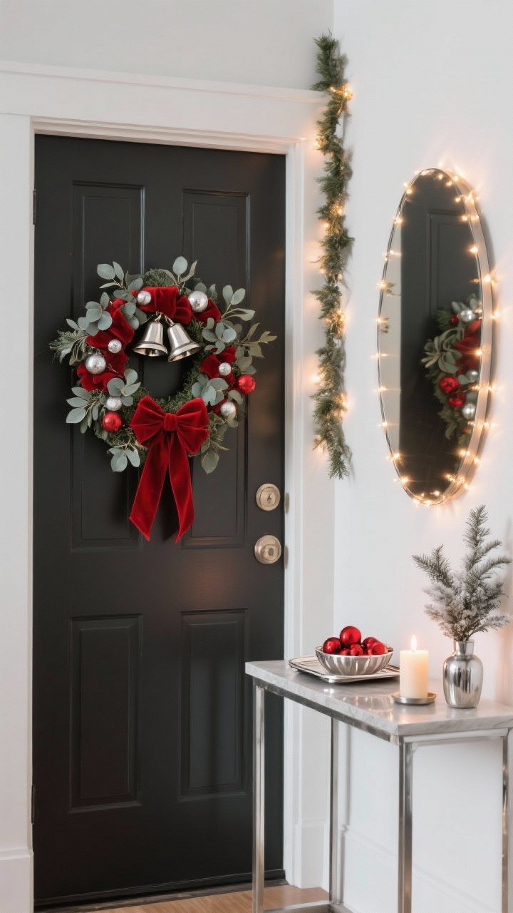 Photorealistic medium shot of an entryway vignette: a front door with a red-and-silver wreath featuring red velvet ribbon, silver bells, and eucalyptus; adjacent console table styled with a polished silver tray, a small bowl of red ornaments, one lit candle, and a petite vase of winter greenery; a wall mirror wrapped with a string of battery fairy lights casting a warm glow; minimal clutter, clean lines; optional slim vertical garland on a nearby wall for small-space friendliness.