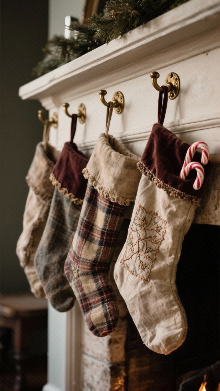 Photorealistic medium shot of antique stockings hanging from a mantel: needlepoint, plaid wool, and faded French linen textiles with mismatched trim; tea-stained fabric look for a timeworn feel; hung at slightly different heights using aged brass hooks and velvet ribbon loops; stockings lightly stuffed with tissue for shape with a candy cane peeking out; cozy, dim holiday lighting, no people