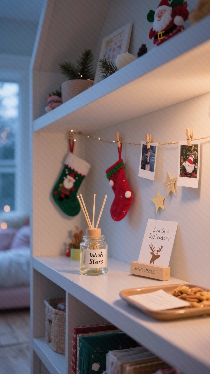 Photorealistic medium shot of finishing touches on a kids’ shelf: mini stockings hanging from pegs, a small diffuser stick bottle suggesting a subtle vanilla-cinnamon-pine scent, and a glass jar labeled “Wish Stars” with paper stars ready for bedtime wishes; a polaroid photo string along the wall with a few December memories clipped; a tiny tray labeled “Santa & Reindeer” waiting for Christmas Eve notes and snacks; soft evening light, calm festive ambiance, straight-on composition.