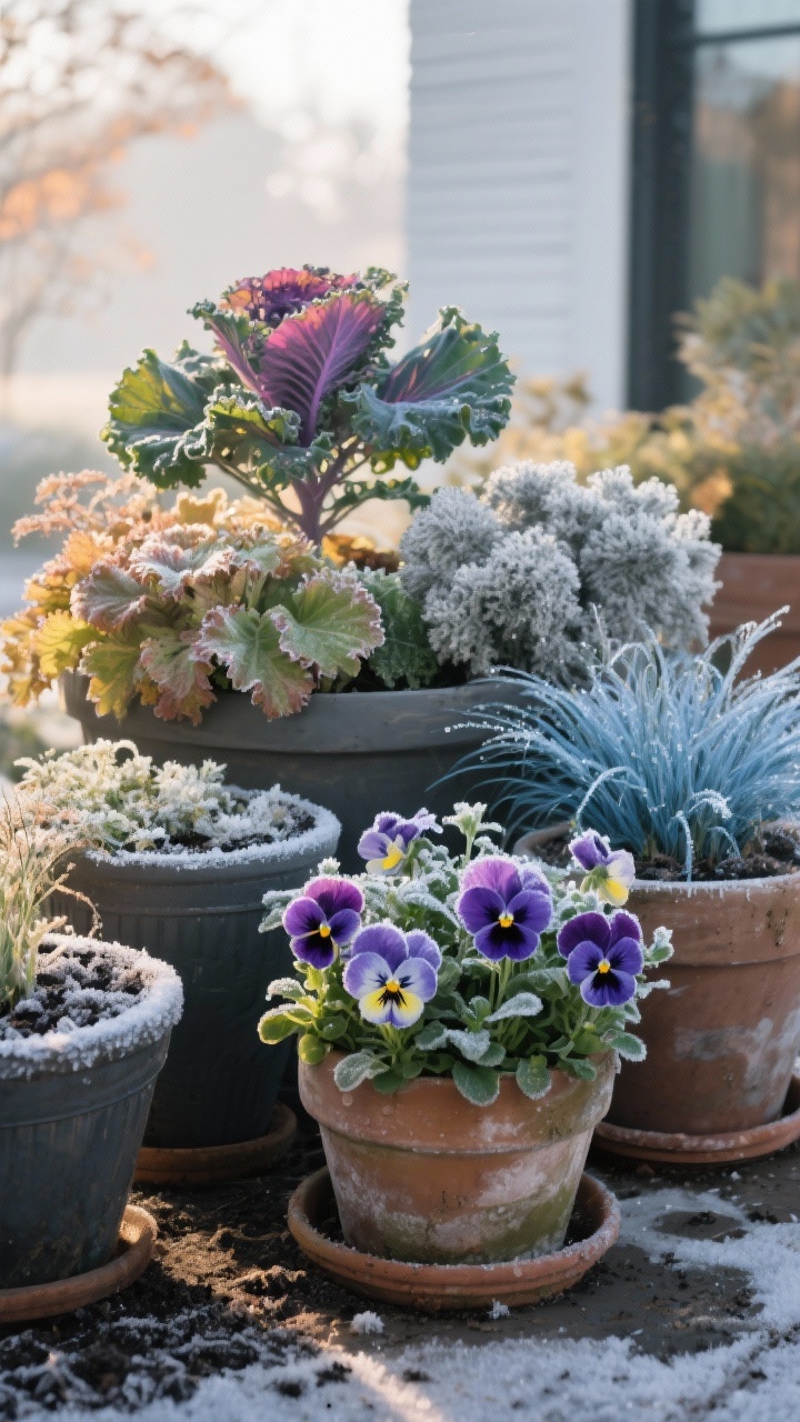 Photorealistic medium shot of frost-hardy fall planters after a chilly night: pansies and violas blooming with a light frost sparkle, ornamental kale with intensified color, evergreen heuchera as an anchor, silvery dusty miller, and wispy blue fescue; breathy cool morning light with visible dew, straight-on composition showing multiple coordinated pots with good drainage and slightly moist soil