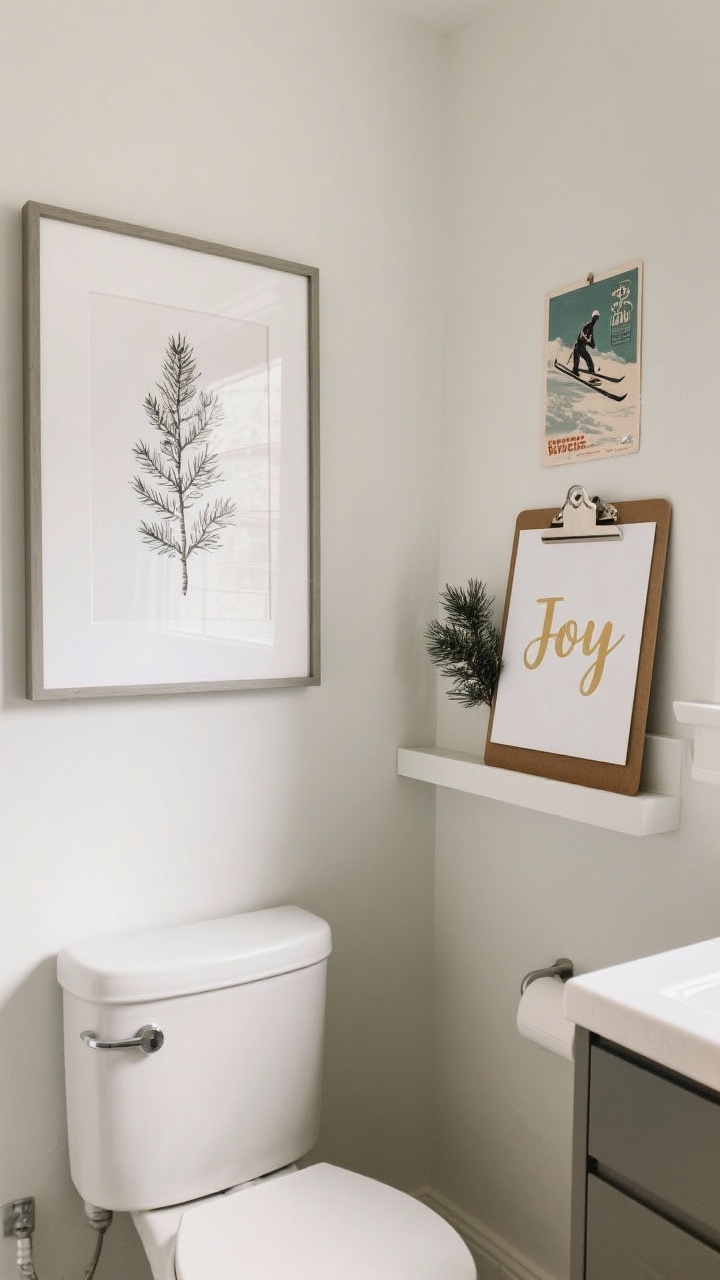 Photorealistic medium shot of seasonal art swaps in a small bathroom: a narrow frame above the toilet featuring a minimalist winter botanical line drawing of cedar, a floating frame on a side wall with a vintage ski postcard, and a clipboard on a small shelf holding a clean “Joy” typography print in gold foil. The clipboard display is leaned with a tiny pine sprig for dimension. Matte frames with glass to handle humidity; crisp, even lighting; slight corner perspective to show placements.
