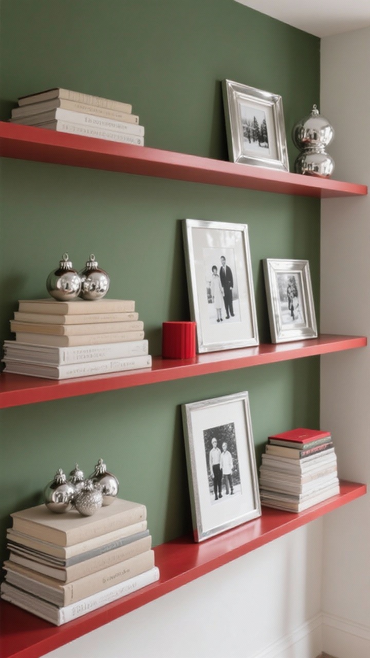 Photorealistic medium shot of styled shelves following a red/silver/green palette: horizontal stacks of neutral books topped with a small cluster of silver ornaments; selective photo frames swapped for winter prints and black-and-white family photos in silver frames; vignettes arranged by the rule of thirds (one tall, one medium, one small), with exactly one red accent per shelf; intentional negative space between groupings; soft daylight to avoid glare on metallics.