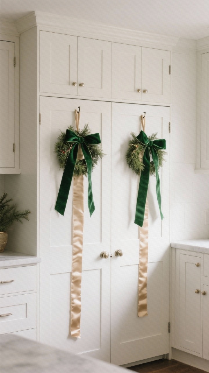 Photorealistic medium shot of white shaker kitchen cabinets styled for Christmas: small cedar mini wreaths centered on each door, hung from forest green velvet ribbon with champagne satin tails, attached via hidden command hooks inside the doors. A few doors feature long vertical ribbons for a gift-wrapped effect. Soft natural morning light, muted backdrop, two-color palette (forest green + champagne), airy feel with thin ribbons in a compact kitchen. Straight-on perspective, shallow depth of field highlighting ribbon texture (velvet, satin, grosgrain options).