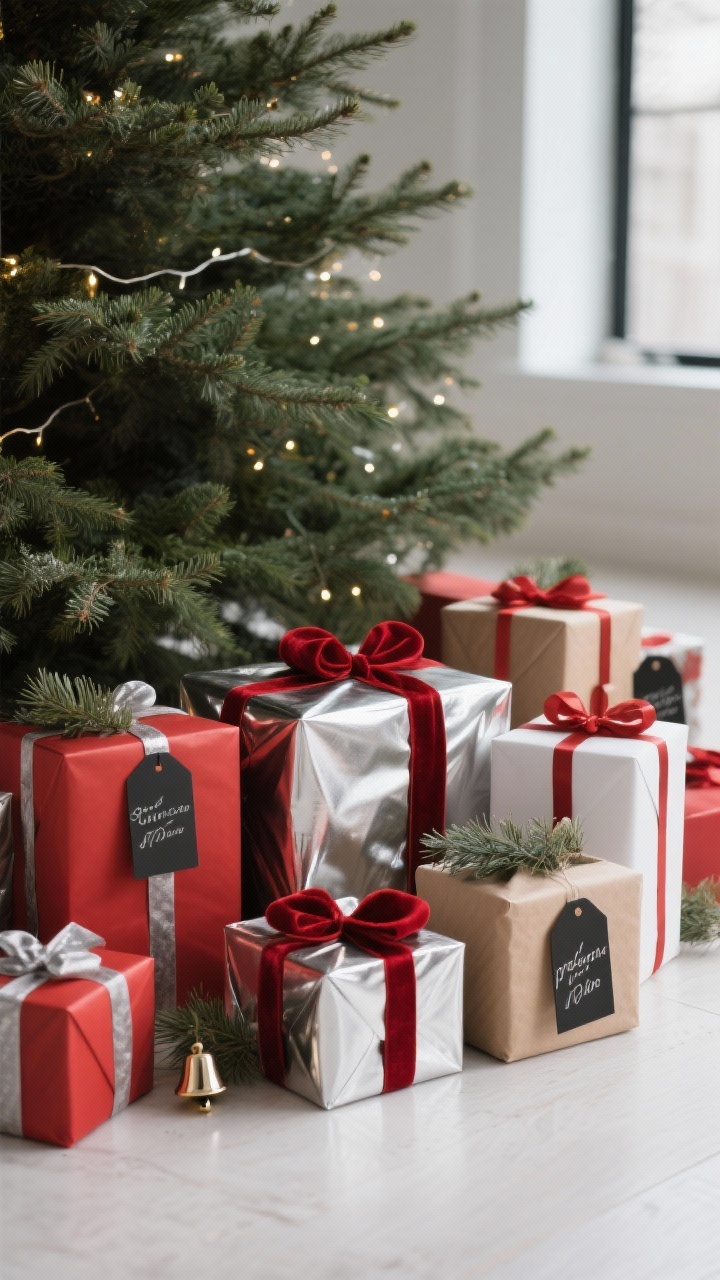 Photorealistic medium shot of wrapped gifts arranged under a Christmas tree: packages in matte red, glossy silver, white, and kraft papers; ribbons limited to red velvet and silver satin in mixed widths; minimal black-and-white tags and some with silver calligraphy; tiny pine sprigs and mini bells as finishing touches; varying box sizes and heights forming a balanced “presentscape”; soft tree lights reflecting gently off silver wrap for a polished, clutter-free look.