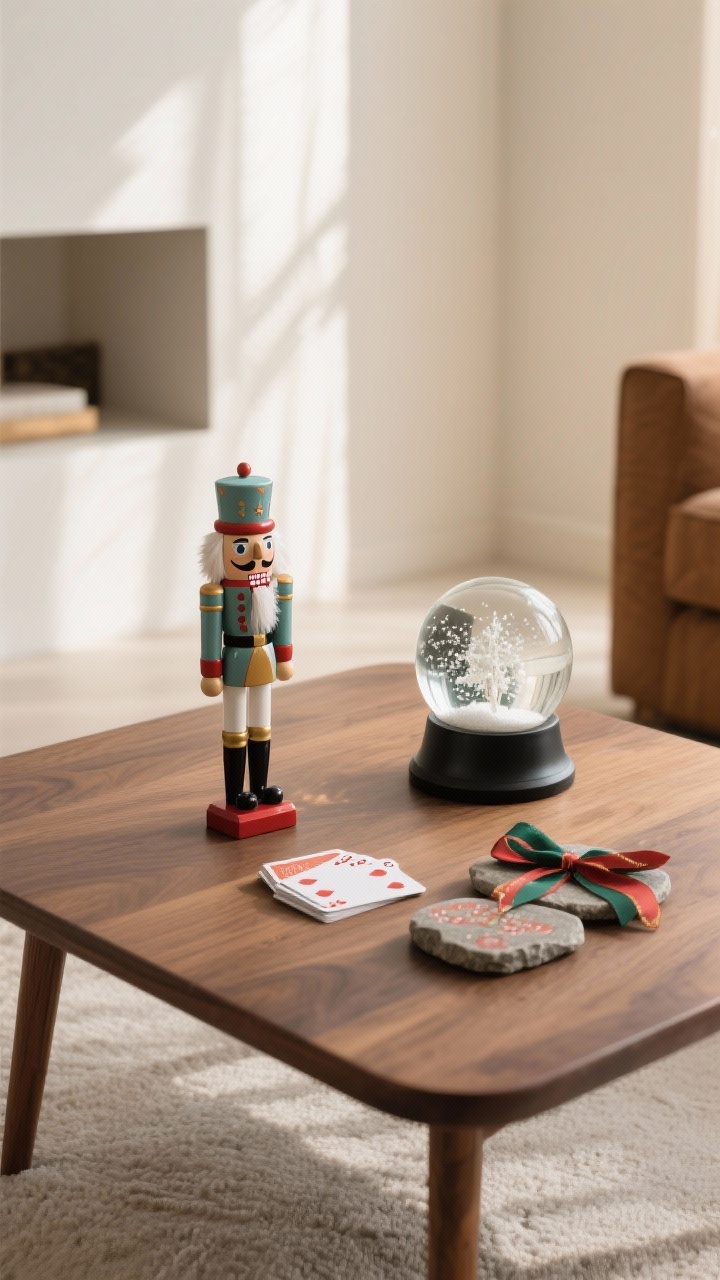 Photorealistic medium shot showcasing a playful accent that sparks conversation: a sleek walnut coffee table styled minimally with one whimsical focal piece—a tasteful small vintage nutcracker in muted colors—paired with a modern snow globe with a simple black base, and a ribbon-tied festive deck of cards next to stone coasters; warm afternoon light, balanced layout with negative space, overall vibe charming not chaotic.
