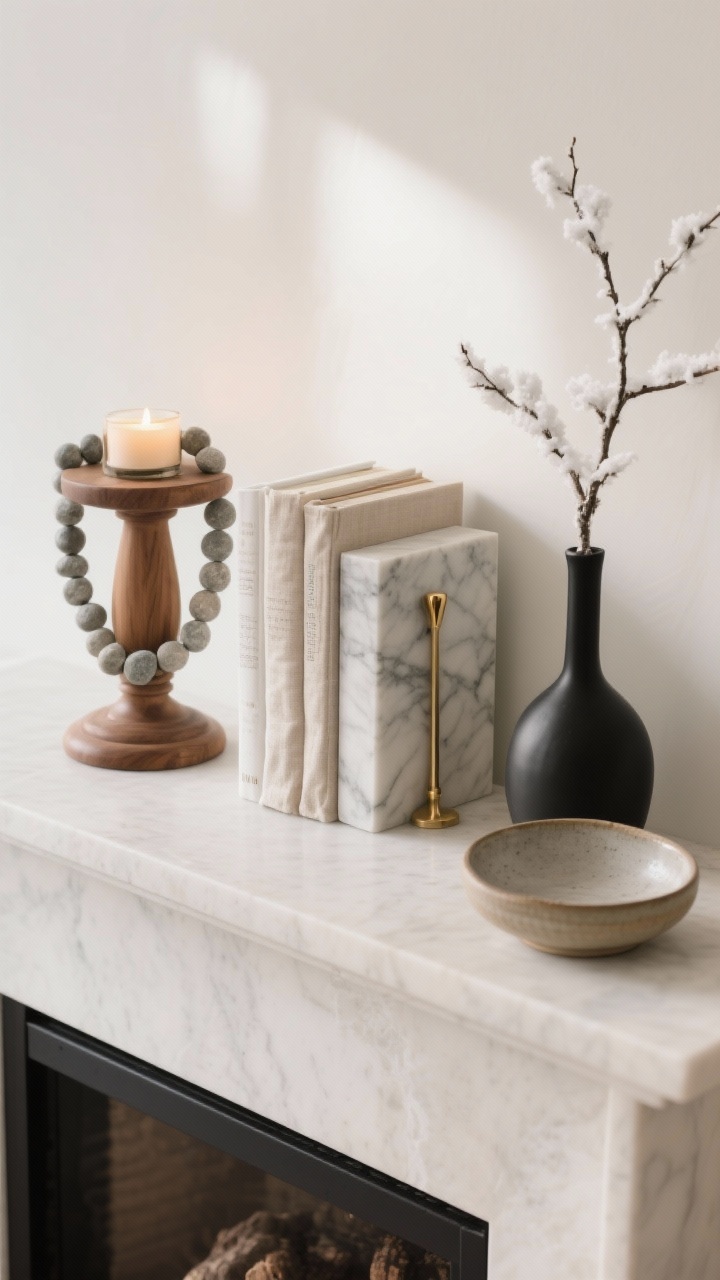 Photorealistic overhead detail of rotating winter vignettes on a mantel: three small scenes side-by-side to suggest swap-ability—1) wood pedestal with a stone bead strand and a single tea light; 2) marble bookends flanking linen-covered books with a brass match striker; 3) minimal black vase with a single winter branch beside a low ceramic dish. Neutral background, soft morning light.