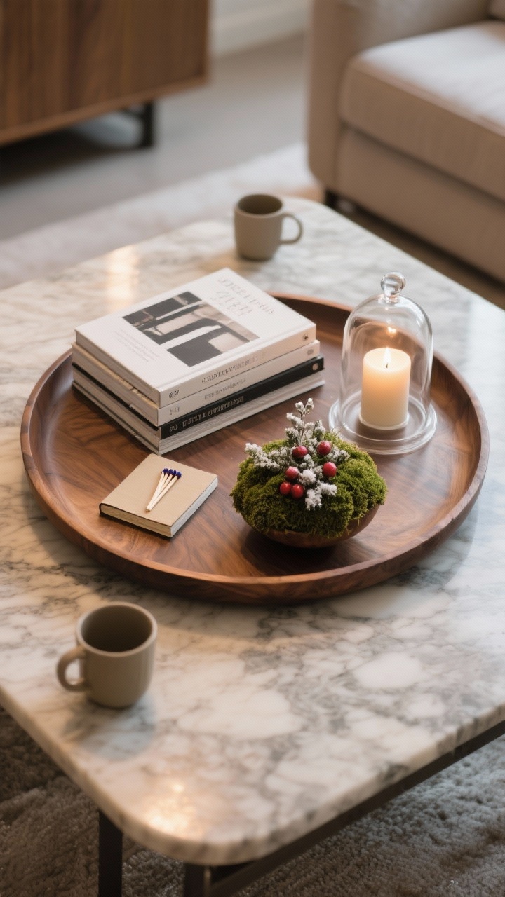 Photorealistic overhead detail shot of a curated coffee table: a round wood tray anchoring the arrangement on a stone or marble tabletop; stacked books (one large design book topped with a smaller journal), a lit candle and a clear glass match cloche, and a low organic element—a small moss bowl or bud vase with winter berries; negative space intentionally left for mugs; warm ambient lighting reflecting gently on surfaces.