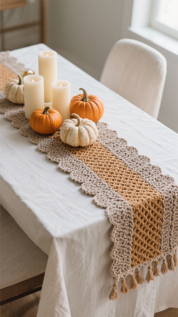 Photorealistic overhead detail shot of a dining table styled with a textured crochet table runner in clay/taupe/honey tones, using a woven-look (linen stitch or simple waffle) pattern; runner layered over a plain tablecloth, centerpiece of clustered pillar candles and mini pumpkins; cotton or cotton-linen fiber look with a neat scalloped or crab-stitch edge; calm daylight, minimal and chic