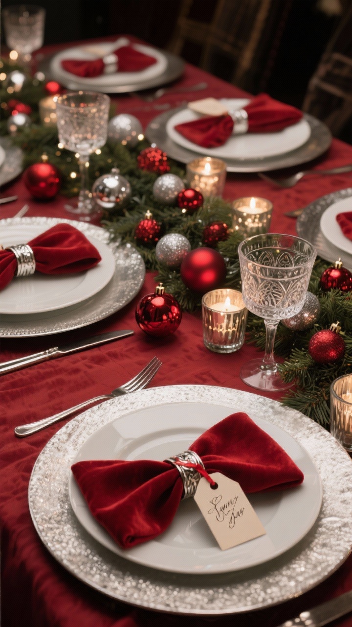 Photorealistic overhead detail shot of a holiday tablescape: silver chargers beneath white dinnerware; red linen napkins with silver napkin rings (some tied in red velvet ribbon); centerpiece is a low garland runner with scattered silver baubles, red ornaments, and tea lights in mercury glass votives, all under six inches tall; clear wine glasses paired with one etched coupe glass per setting for sparkle; mini red ornament place cards with hand-lettered tags; moody, warm ambient lighting.