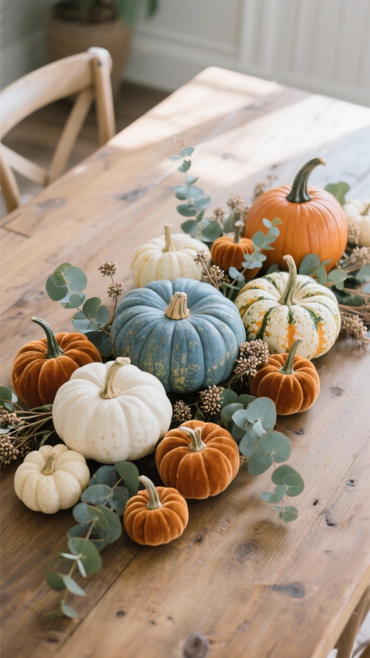 Photorealistic overhead detail shot of a sophisticated pumpkin-packed centerpiece on a wooden table: heirloom pumpkins including Blue Jarrahdale, Fairytale, and Baby Boos mixed with small faux velvet pumpkins; eucalyptus and seeded stems tucked between pumpkins; low-profile, asymmetrical arrangement to preserve sight lines; muted, farmhouse tones in sage, dusty orange, creamy white; natural afternoon light, no people