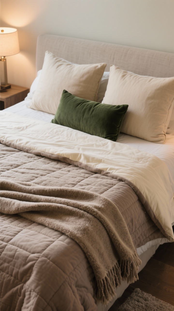 Photorealistic overhead detail shot of a winter bed layering: flannel sheets in soft cream subtly peeking from under a quilt, a plush duvet in muted taupe folded at mid-bed, an extra throw at the foot for texture; pillow stack includes two supportive sleepers, two large euro pillows, and a slender lumbar for structure; color story in soft neutrals with a single accent of deep forest green in the lumbar; gentle warm lamp light suggesting evening coziness.