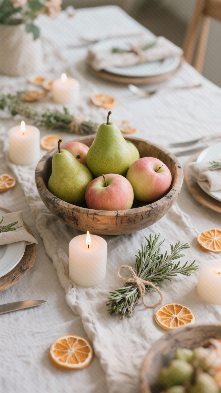 Photorealistic overhead detail shot of edible accents adding soft color: green pears and blush apples nestled in a weathered wood bowl and tucked around candles on a runner; small herb bundles of sage, thyme, and rosemary tied with twine at each place setting; scattered dried orange slices for a muted citrus pop; gentle natural light, painterly, romantic feel with soft tones and subtle shadows