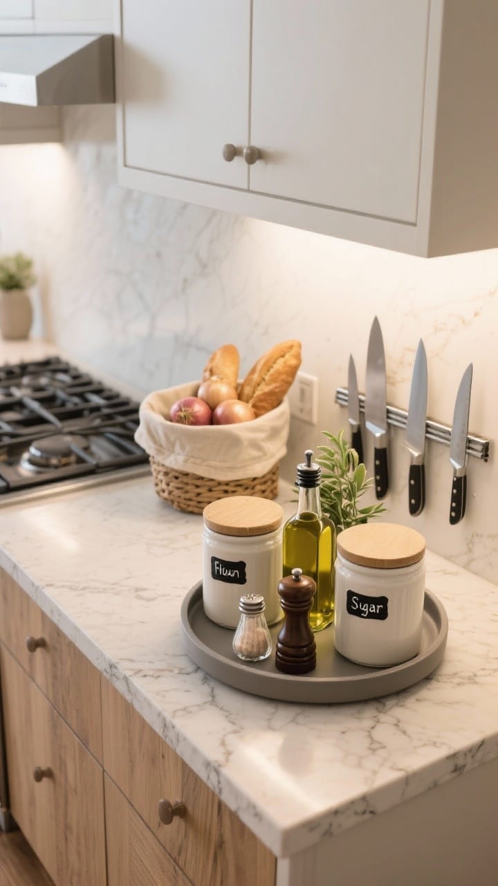Photorealistic overhead detail shot of quieted counters with pretty storage: a matching set of labeled canisters for flour and sugar on a matte tray, a lazy Susan grouping olive oil, salt cellar, pepper mill, and a small plant near the stove, a covered basket for bread and onions, and a sleek magnetic knife strip clearing counter clutter; neutral palette with wood, stone, and matte ceramic finishes; bright but warm 3000K ambient light; clean composition embodying the two-item-per-zone rule.
