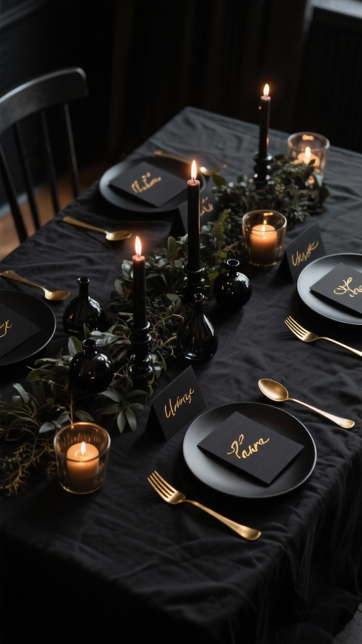 Photorealistic overhead shot of a dark, intimate dining tablescape: black linen tablecloth, matte black plates, gold cutlery, black candles in low centerpiece with dark greenery and a few black glass ornaments; place cards made from black cardstock with gold handwritten names; warm dim lighting with candle flicker and soft metallic gleam; elegant, unfussy vibe; no people