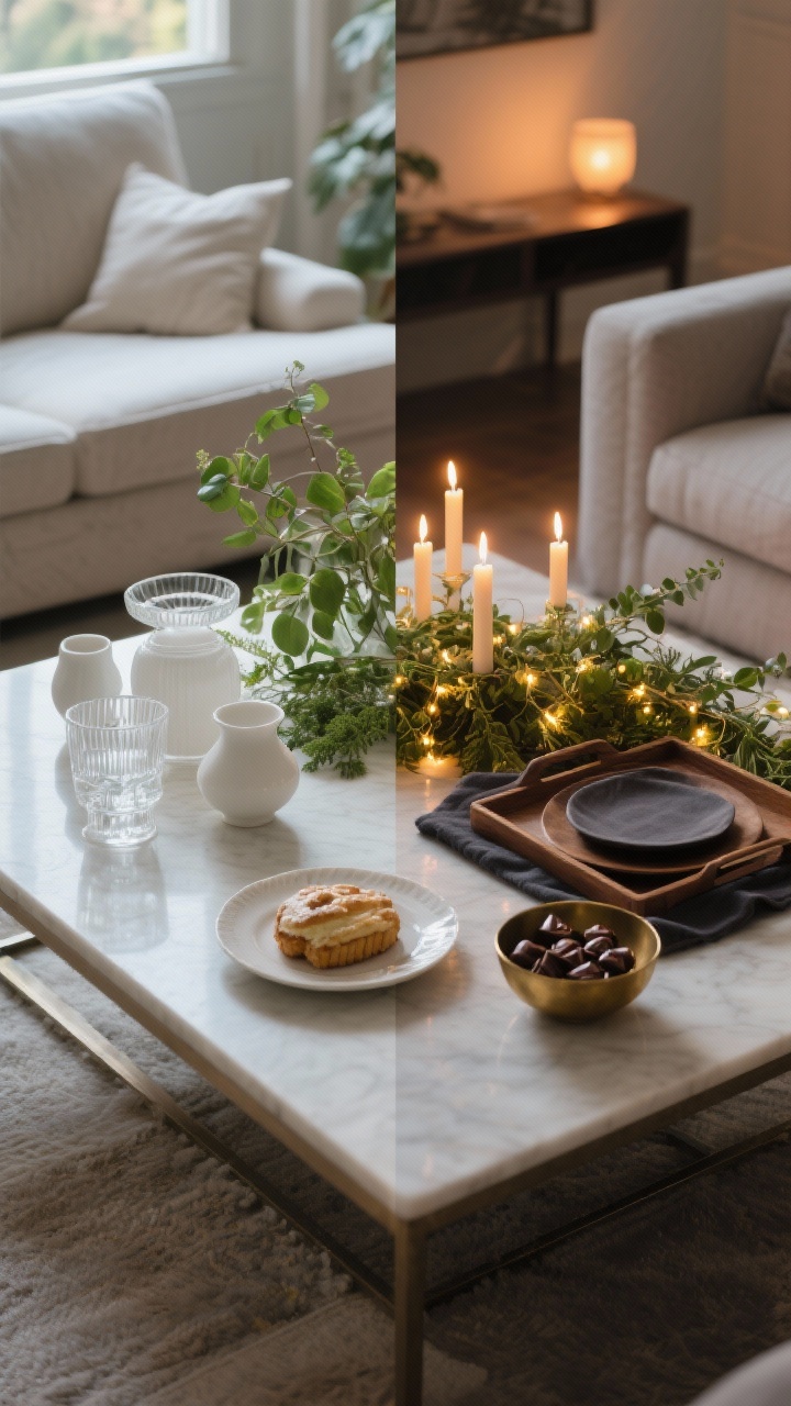Photorealistic split-moment day-to-night styling on the same coffee table: left half styled for day with clear glass, white ceramics, and greenery taking center stage, open middle space for a pastry plate; right half in night upgrade with tapers lit, warm LED fairy lights tucked into greenery, a darker linen or wood charger under the tray, and a small brass bowl of chocolates; soft natural daylight transitioning to warm evening glow, showing the mood shift clearly from 10 a.m. to 8 p.m.