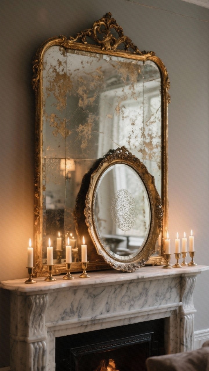 Photorealistic straight-on medium shot of a mantel anchored by a large gilded antique mirror with foxed glass patina, layered in front with a smaller oval etched mirror; mixed metal finishes of aged brass and antique silver; a row of taper candles in simple holders placed in front to bounce light into the mirrors, creating soft glow and depth; subdued evening lighting, warm and reflective, no people