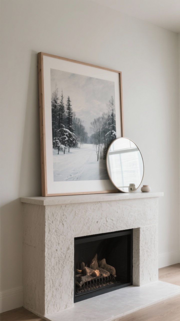 Photorealistic straight-on medium shot of a mantel with a single oversized focal artwork leaned against the wall: a moody winter landscape in a simple thin wood frame, layered with a smaller round mirror partially overlapping in front. Minimal accessories to reduce clutter. Neutral palette, soft afternoon light, calm winter mood. Include subtle texture on the wall and mantel surface.