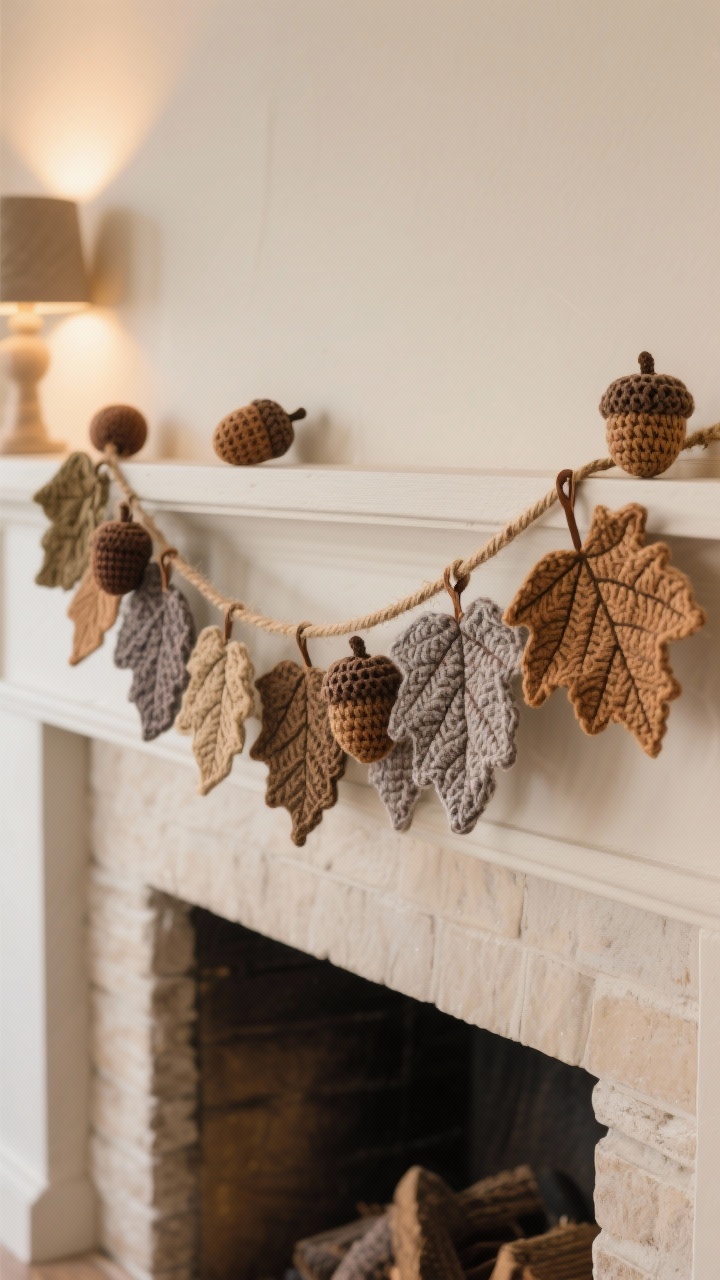 Photorealistic straight-on medium shot of a mantel styled with a crochet leaf garland: alternating oak and maple leaves in small, medium, and large sizes, with a few crocheted acorns for dimension; tweed and heathered yarns in woodland hues strung on a jute or leather cord; leaves appear steam-blocked, with crisp veins; warm ambient lighting, neutral mantel decor, no people