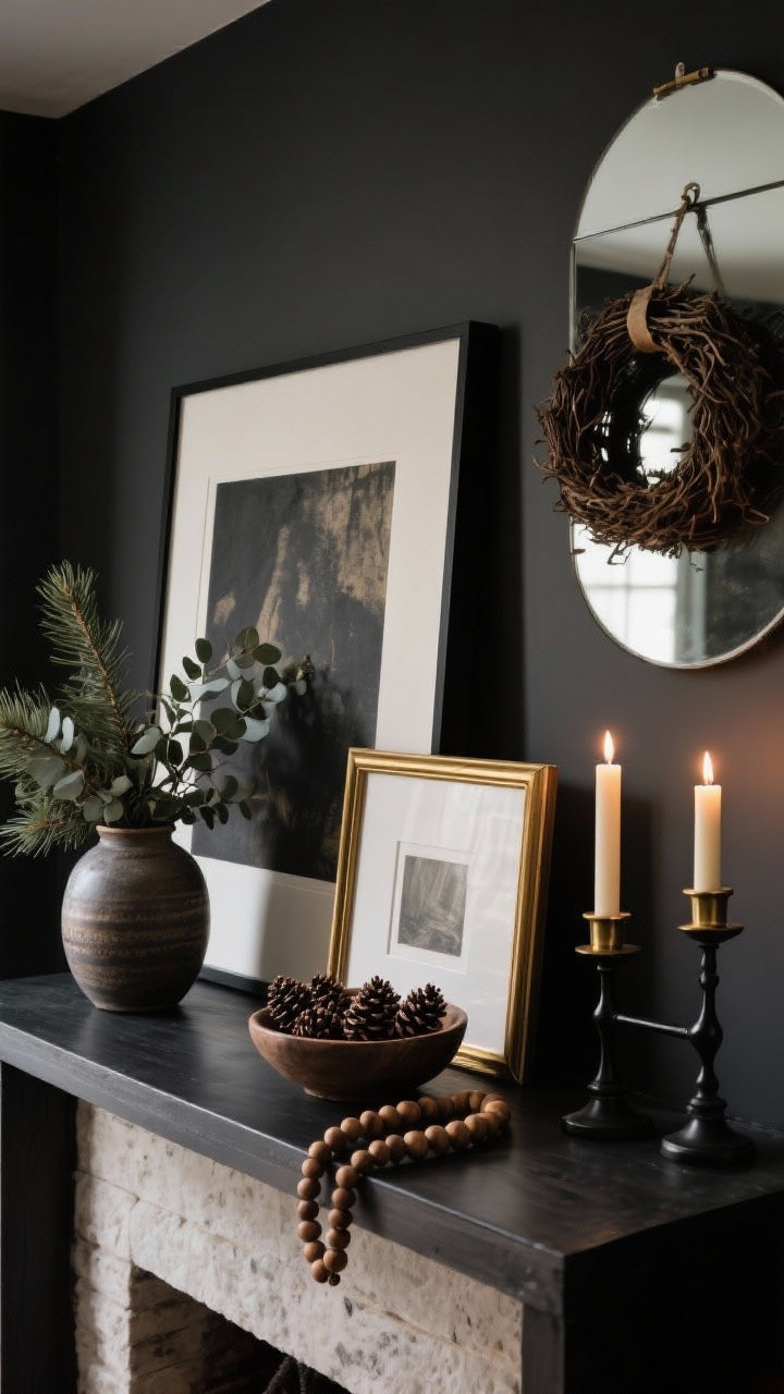Photorealistic straight-on medium shot of a moody mantel moment arranged on a console: layered art with one larger framed piece behind and a smaller one leaned in front (mix of black and brass frames); black metal and brass candlestick holders with tapered candles creating warm glow; a ceramic vase filled with cedar and eucalyptus; a shallow bowl of pinecones and a strand of wood beads add rustic texture; optional wreath hung on a mirror via invisible command strip; dark, cozy ambiance.