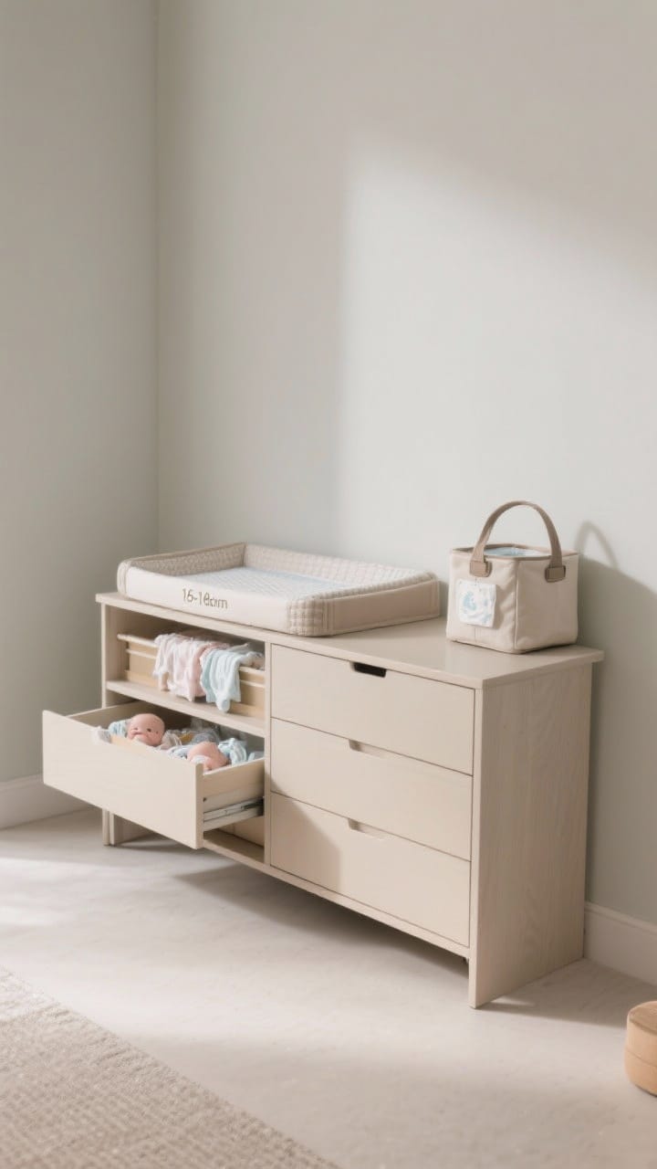 Photorealistic straight-on medium shot of a slim console-turned-changing-station against a pale greige wall: a 16–18 inch depth slim dresser with a secured changing topper and non-slip mat, labeled drawer dividers peeking from a slightly open drawer with tiny baby clothes; a portable diaper caddy with handle sits at the ready; soft ambient daylight, minimal decor, clear walkway space in front