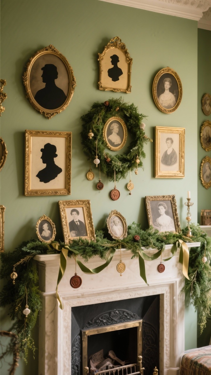 Photorealistic straight-on medium shot of a story-filled mantel featuring portraits and cameos: a small cluster of silhouette art hung above and a few framed silhouettes leaning behind the garland, cameo-style ornaments and wax seal motifs hanging from ribbons within the greenery, and a mini portrait gallery mixing oval frames with gilded rectangles. Include a couple of vintage-style family photos in ornate frames for personal nostalgia. Warm, soft light, classic Victorian mood, rich greens and golds, no people.