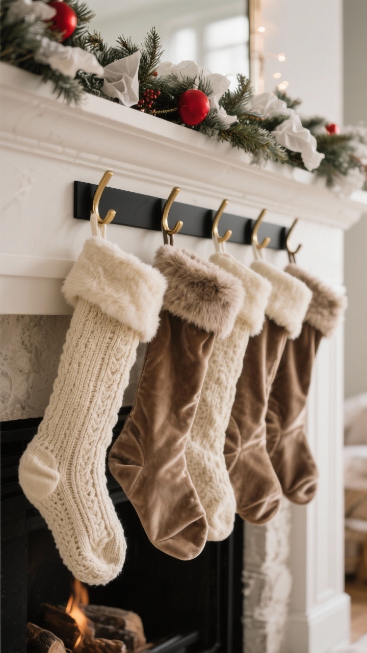Photorealistic straight-on medium shot of sophisticated stockings on a winter mantel: chunky knit and tonal velvet stockings in creams and taupes, some with faux fur trim, staggered at slightly varied lengths on matte black and brass sleek hooks. Neutral garland above. Stockings lightly stuffed with tissue for a graceful drape. Soft, warm ambient light, seasonless look (no bright red).