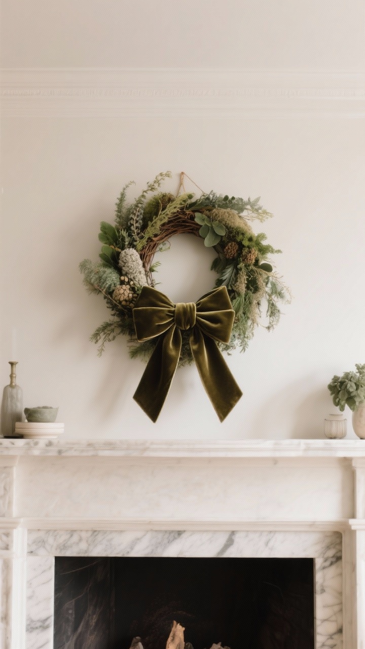Photorealistic straight-on medium-to-wide shot of a statement piece above the mantel: a vintage-style wreath with mixed, textural greenery and minimal decor, hung with a wide velvet ribbon; or an over-scaled velvet bow as the singular focal element; ribbon color echoed subtly on the mantel for cohesion; timeless, elegant finish with gentle, even lighting, no people